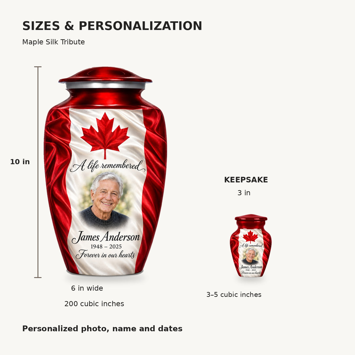 Size guide: adult 10 inches high, 6 inches wide, 200 cubic inches; keepsake 3 inches high, approximately 1.5 inches wide, 3–5 cubic inches.