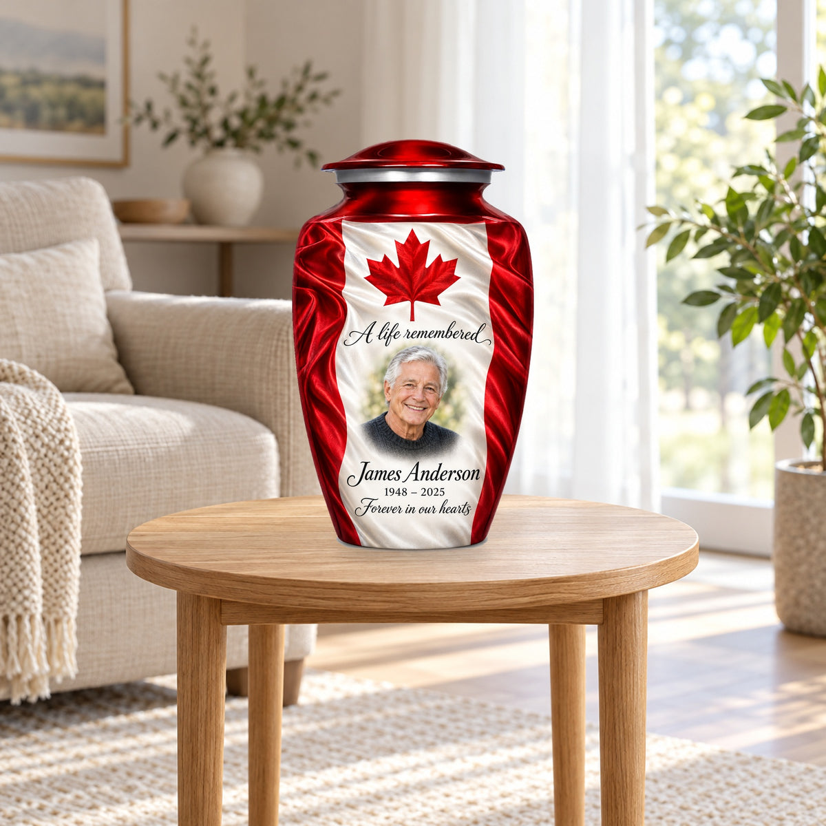 Red personalized Canadian flag adult urn in a sunlit home.