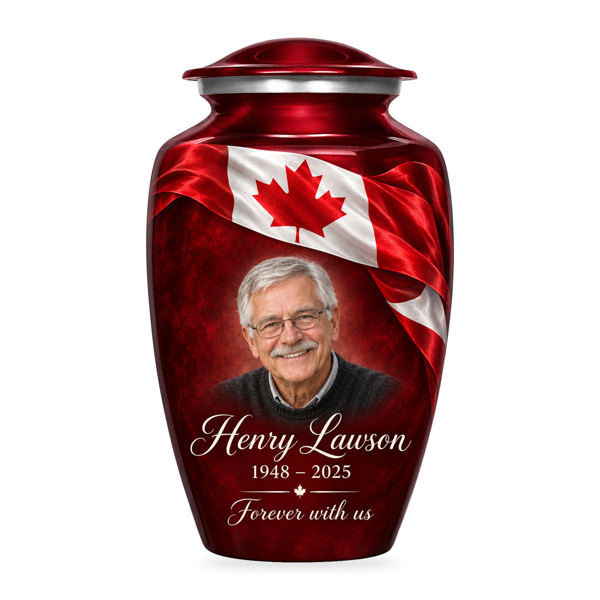 Red adult urn with Crimson Ribbon Remembrance Canadian flag artwork, fictional sample portrait and personalized inscription on white.