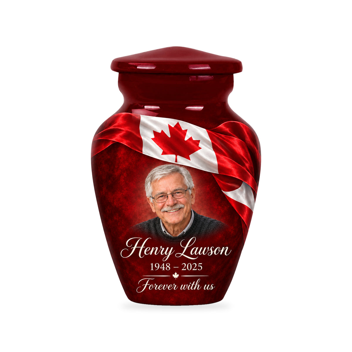 One matching red ringless 3-inch keepsake with Crimson Ribbon Remembrance Canadian flag artwork, sample photo and text.