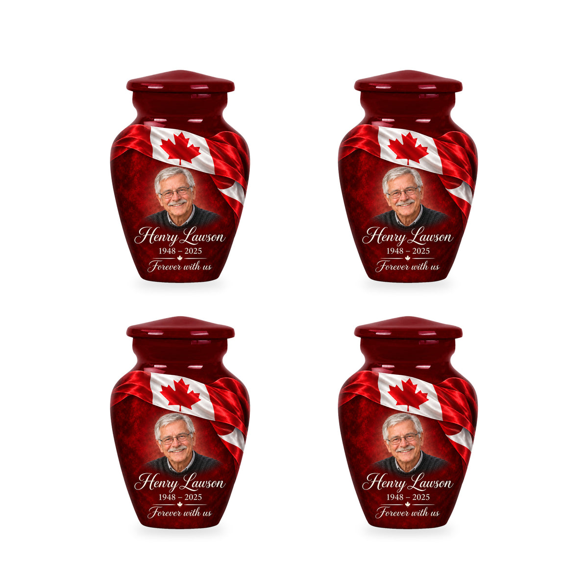 Four matching red Canadian flag keepsake urns with sample photo and inscription.