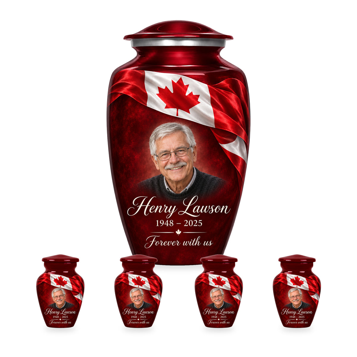 Red adult Canadian flag urn with four matching keepsakes in proportional 10-inch and 3-inch sizes.