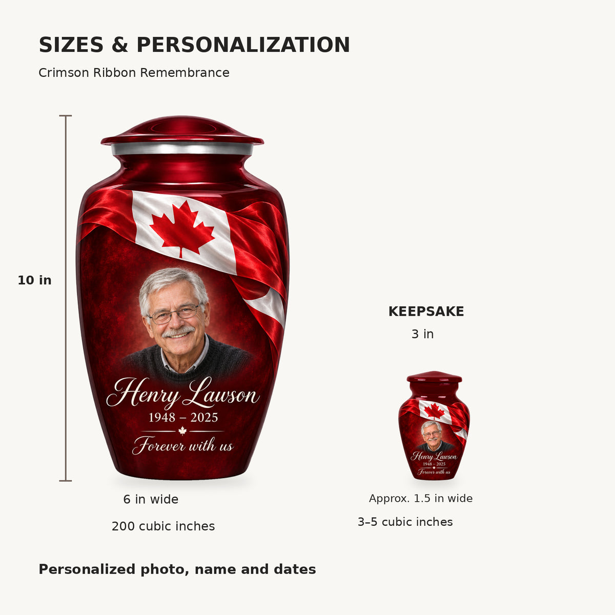 Size guide: adult 10 inches high, 6 inches wide, 200 cubic inches; keepsake 3 inches high, approximately 1.5 inches wide, 3–5 cubic inches.