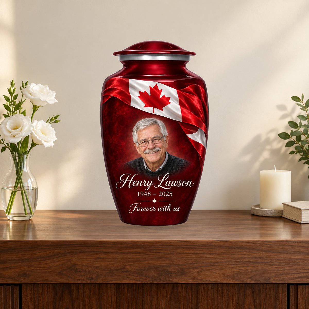 Red personalized Canadian flag adult urn on a memorial console.