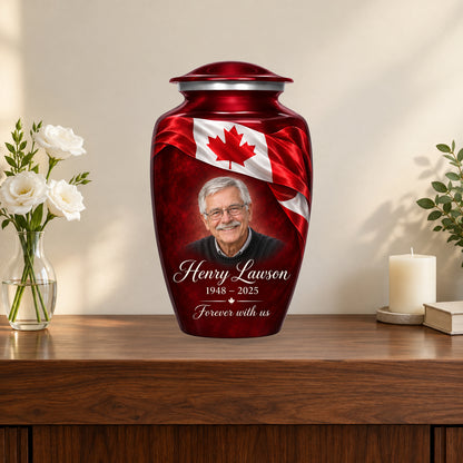 Red personalized Canadian flag adult urn on a memorial console.