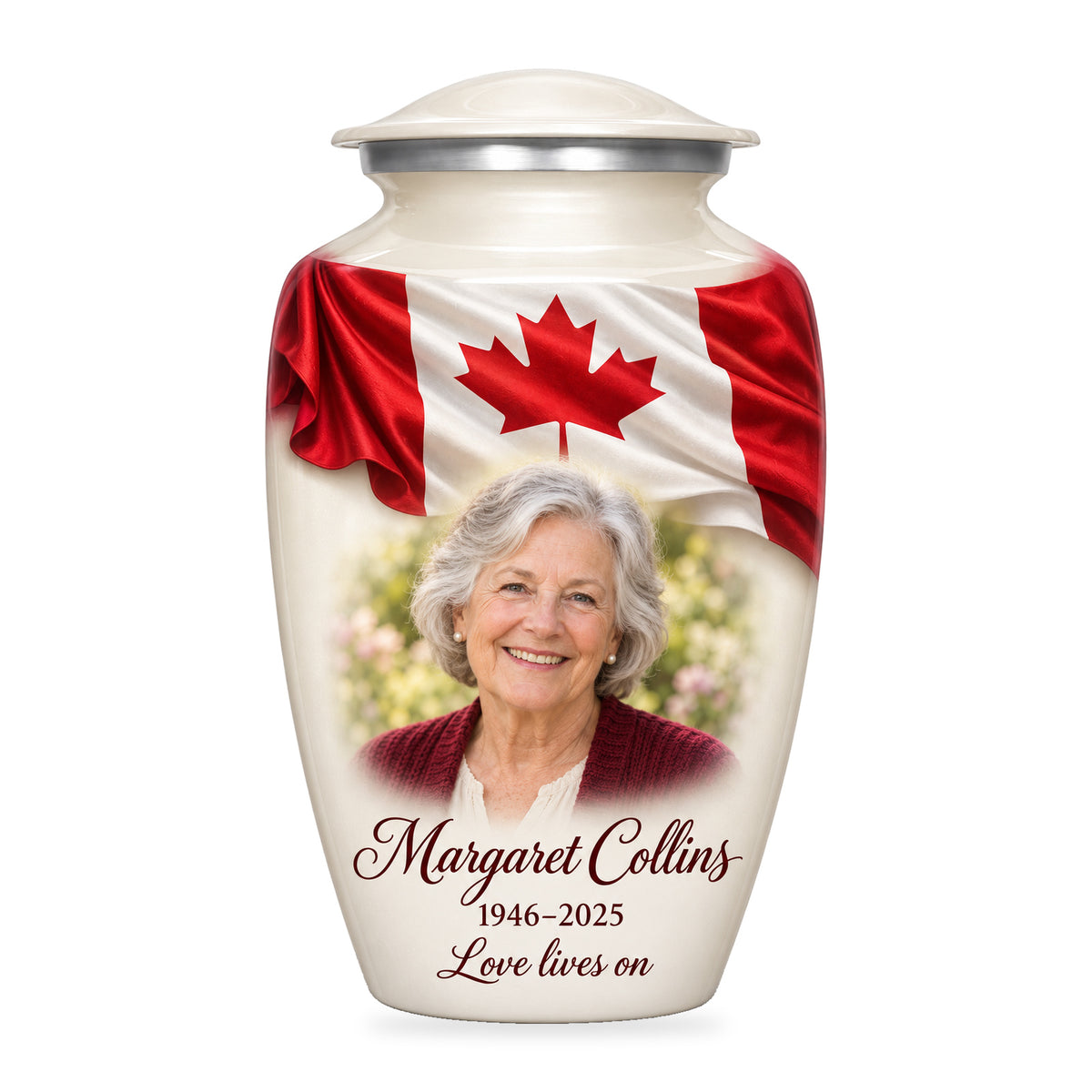 White adult urn with Ivory Folded Flag Tribute Canadian flag artwork, fictional sample portrait and personalized inscription on white.