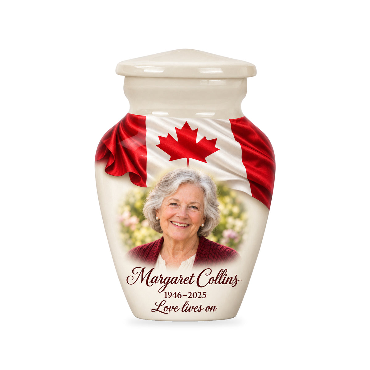 One matching white ringless 3-inch keepsake with Ivory Folded Flag Tribute Canadian flag artwork, sample photo and text.