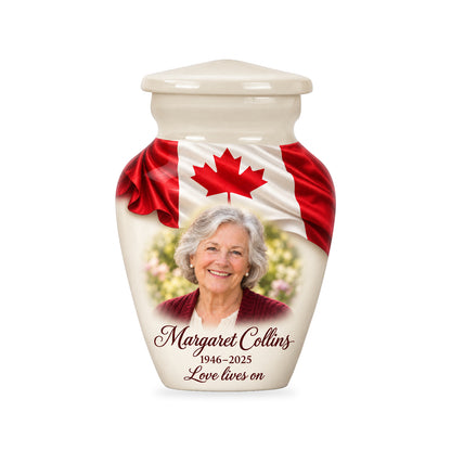 One matching white ringless 3-inch keepsake with Ivory Folded Flag Tribute Canadian flag artwork, sample photo and text.
