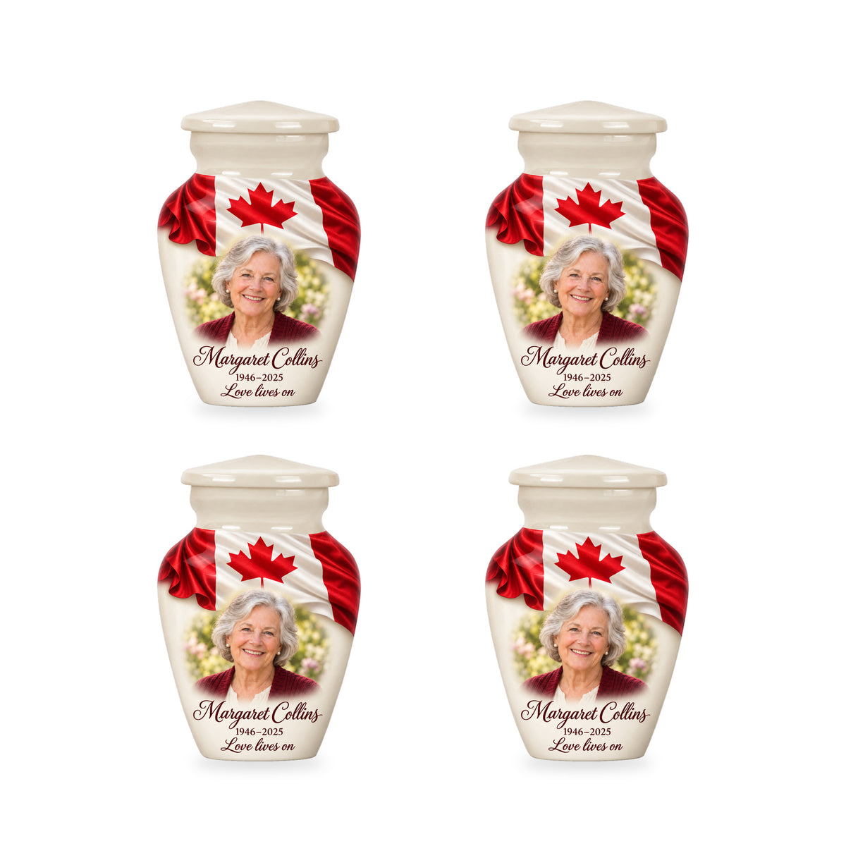 Four matching white Canadian flag keepsake urns with sample photo and inscription.