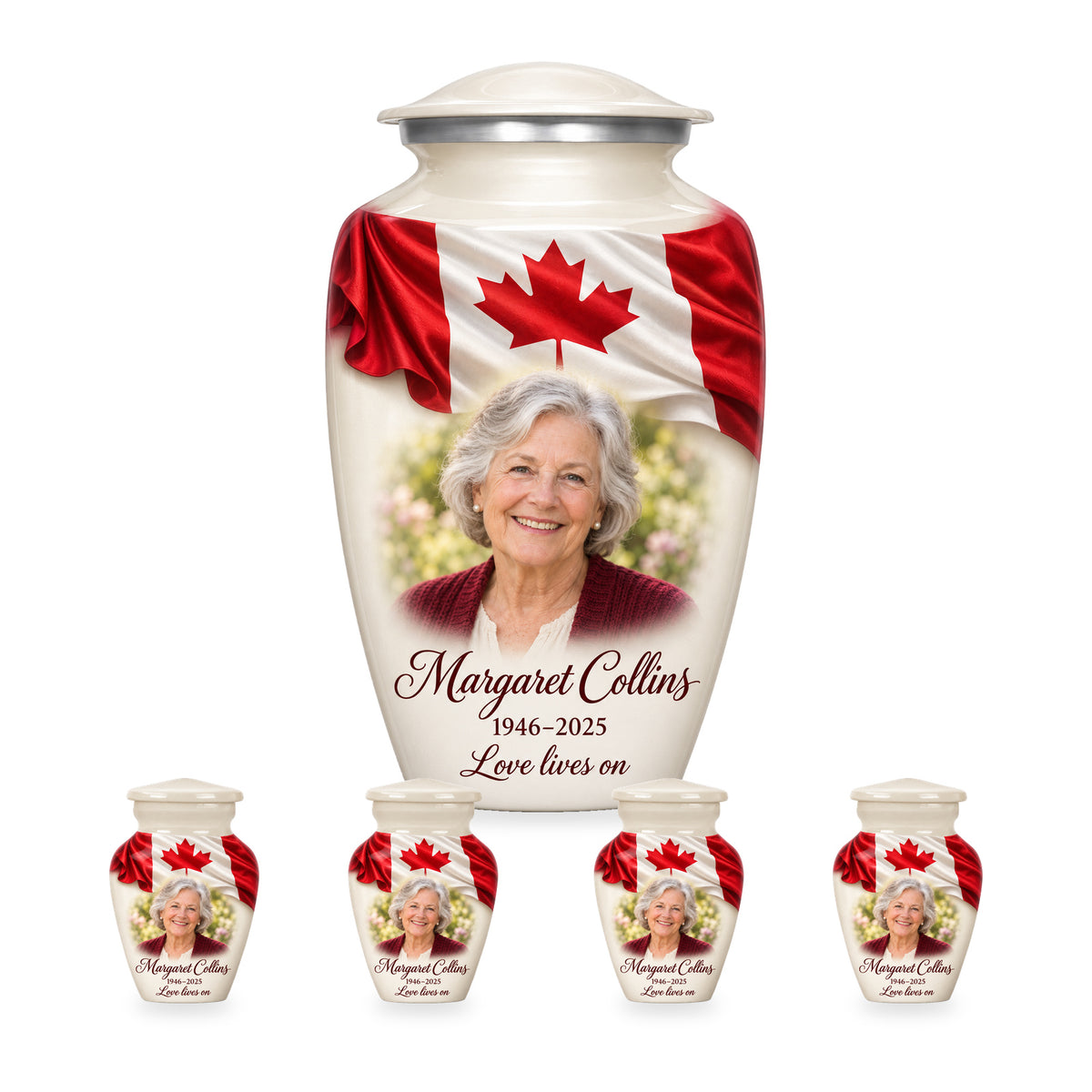 White adult Canadian flag urn with four matching keepsakes in proportional 10-inch and 3-inch sizes.