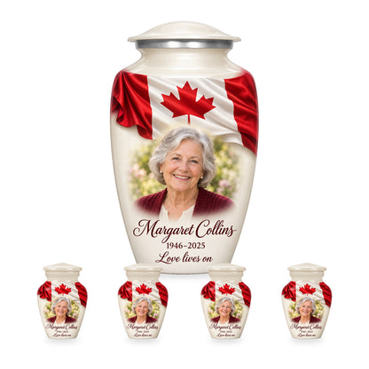 White adult Canadian flag urn with four matching keepsakes in proportional 10-inch and 3-inch sizes.