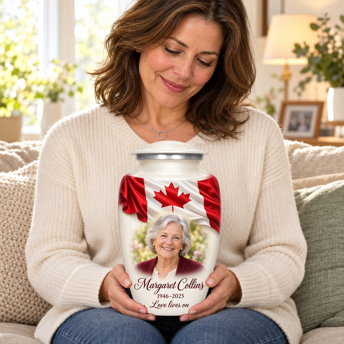 Seated person holding the white adult Canadian flag urn on their lap.