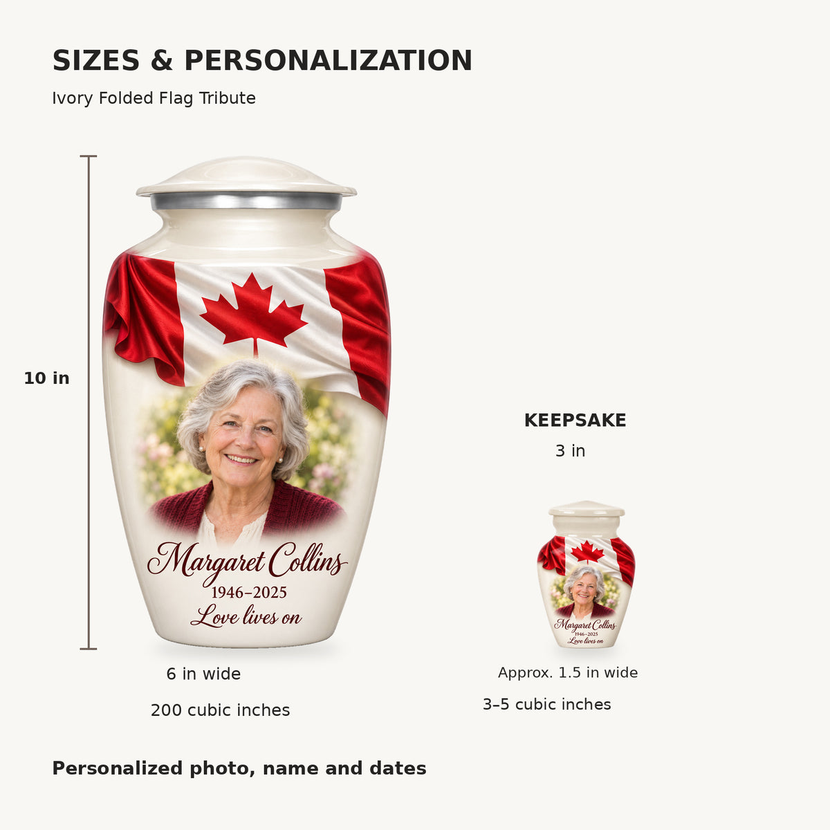 Size guide: adult 10 inches high, 6 inches wide, 200 cubic inches; keepsake 3 inches high, approximately 1.5 inches wide, 3–5 cubic inches.