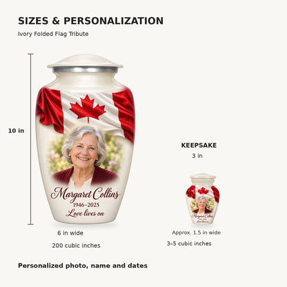 Size guide: adult 10 inches high, 6 inches wide, 200 cubic inches; keepsake 3 inches high, approximately 1.5 inches wide, 3–5 cubic inches.