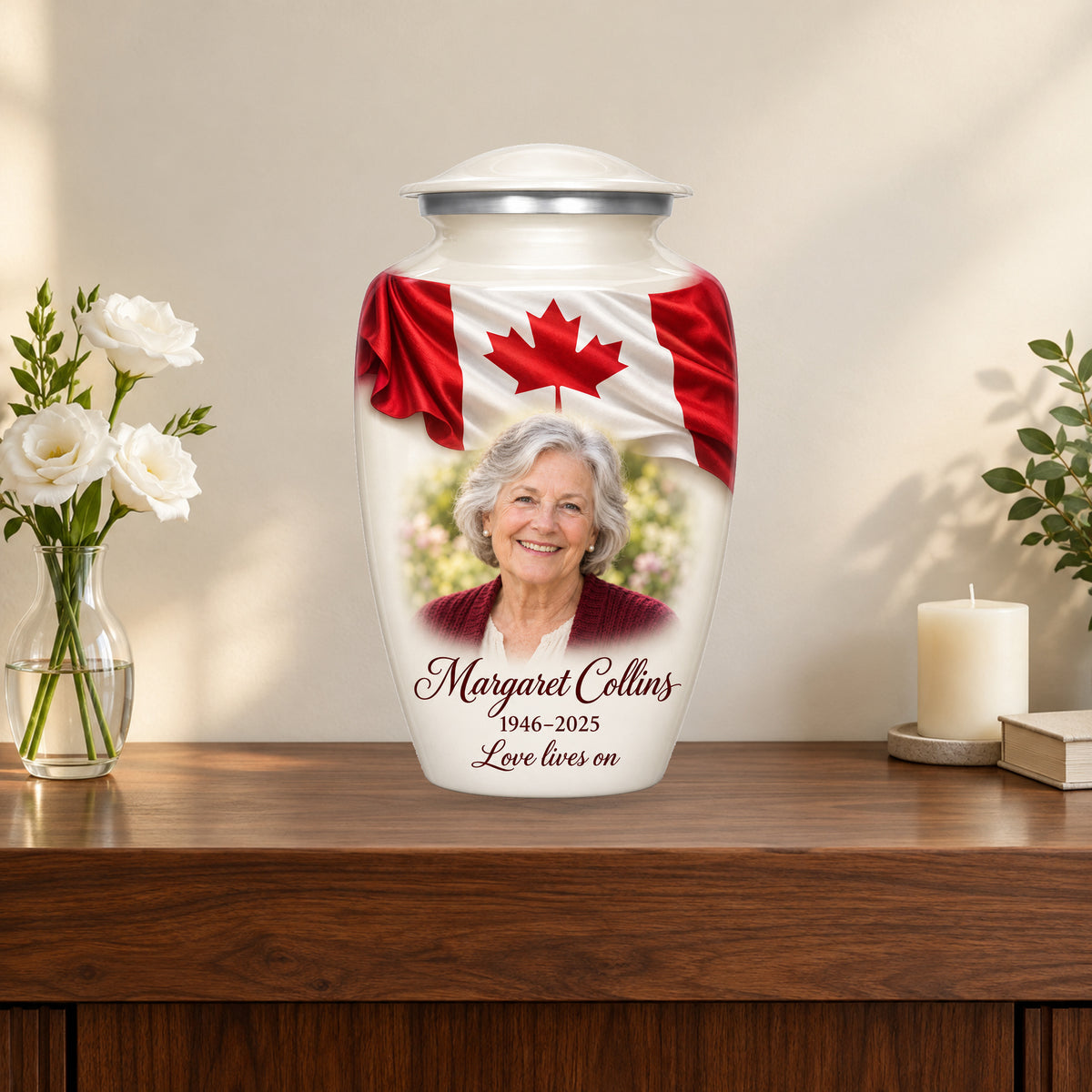 White personalized Canadian flag adult urn on a memorial console.