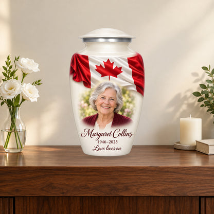 White personalized Canadian flag adult urn on a memorial console.