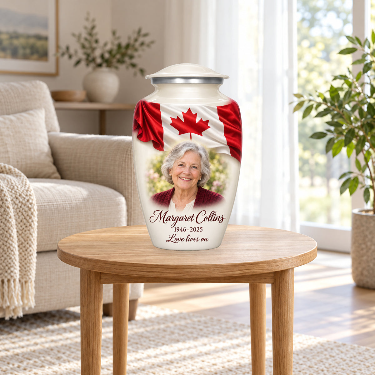 White personalized Canadian flag adult urn in a sunlit home.