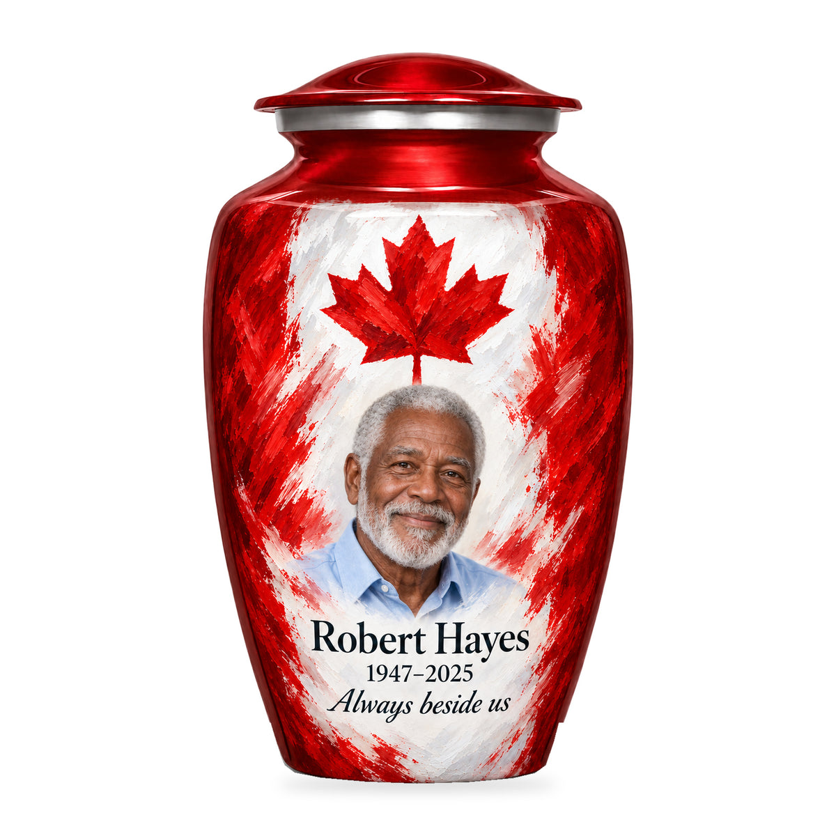 Red adult urn with Painterly Canadian Tribute Canadian flag artwork, fictional sample portrait and personalized inscription on white.