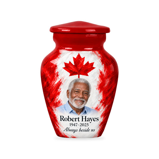 One matching red ringless 3-inch keepsake with Painterly Canadian Tribute Canadian flag artwork, sample photo and text.