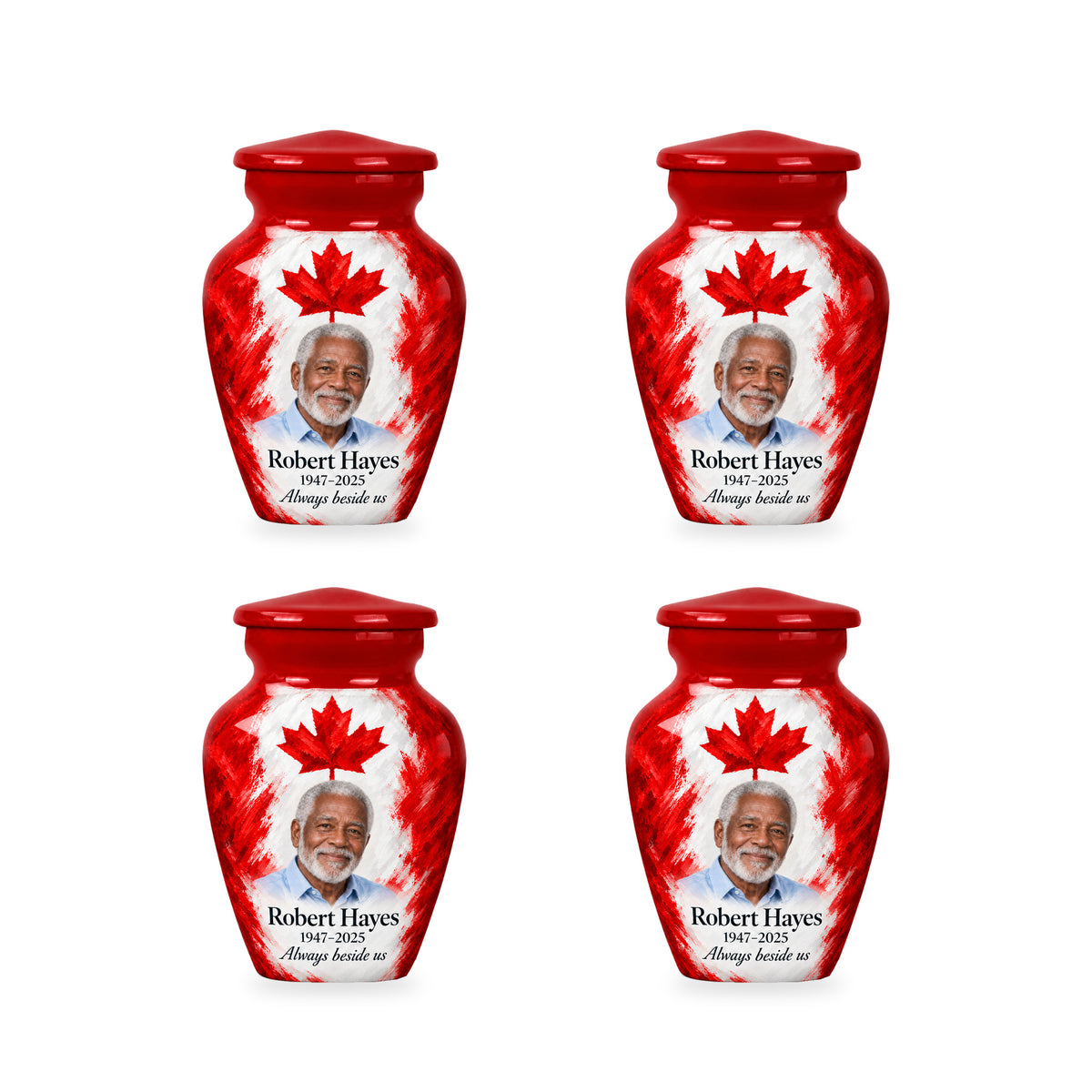 Four matching red Canadian flag keepsake urns with sample photo and inscription.