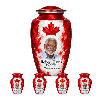 Red adult Canadian flag urn with four matching keepsakes in proportional 10-inch and 3-inch sizes.