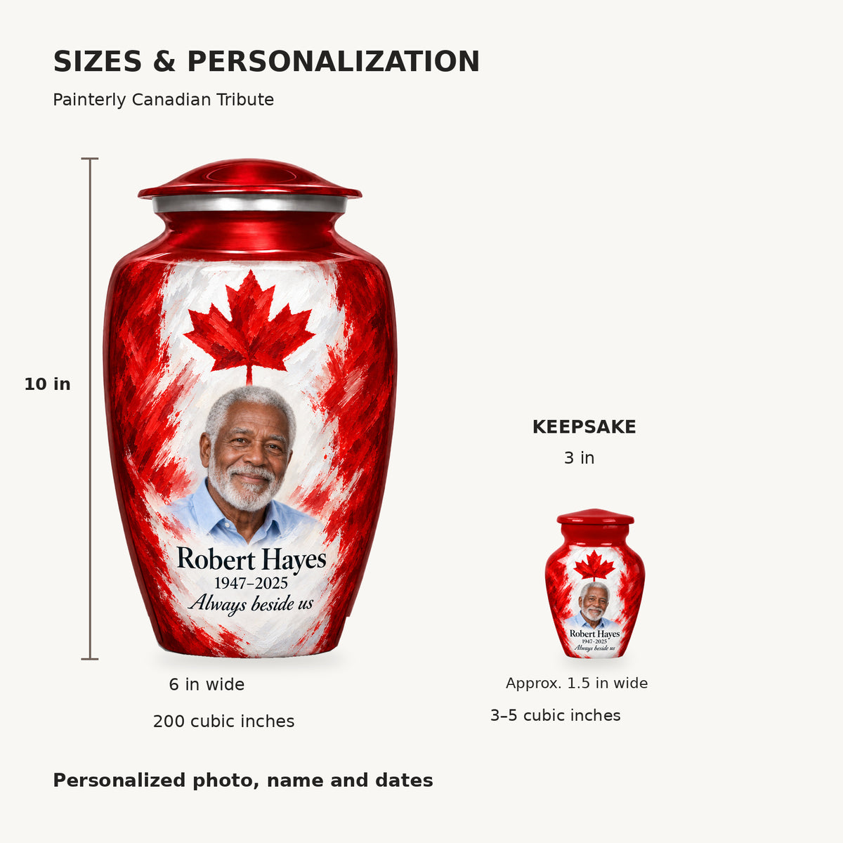 Size guide: adult 10 inches high, 6 inches wide, 200 cubic inches; keepsake 3 inches high, approximately 1.5 inches wide, 3–5 cubic inches.