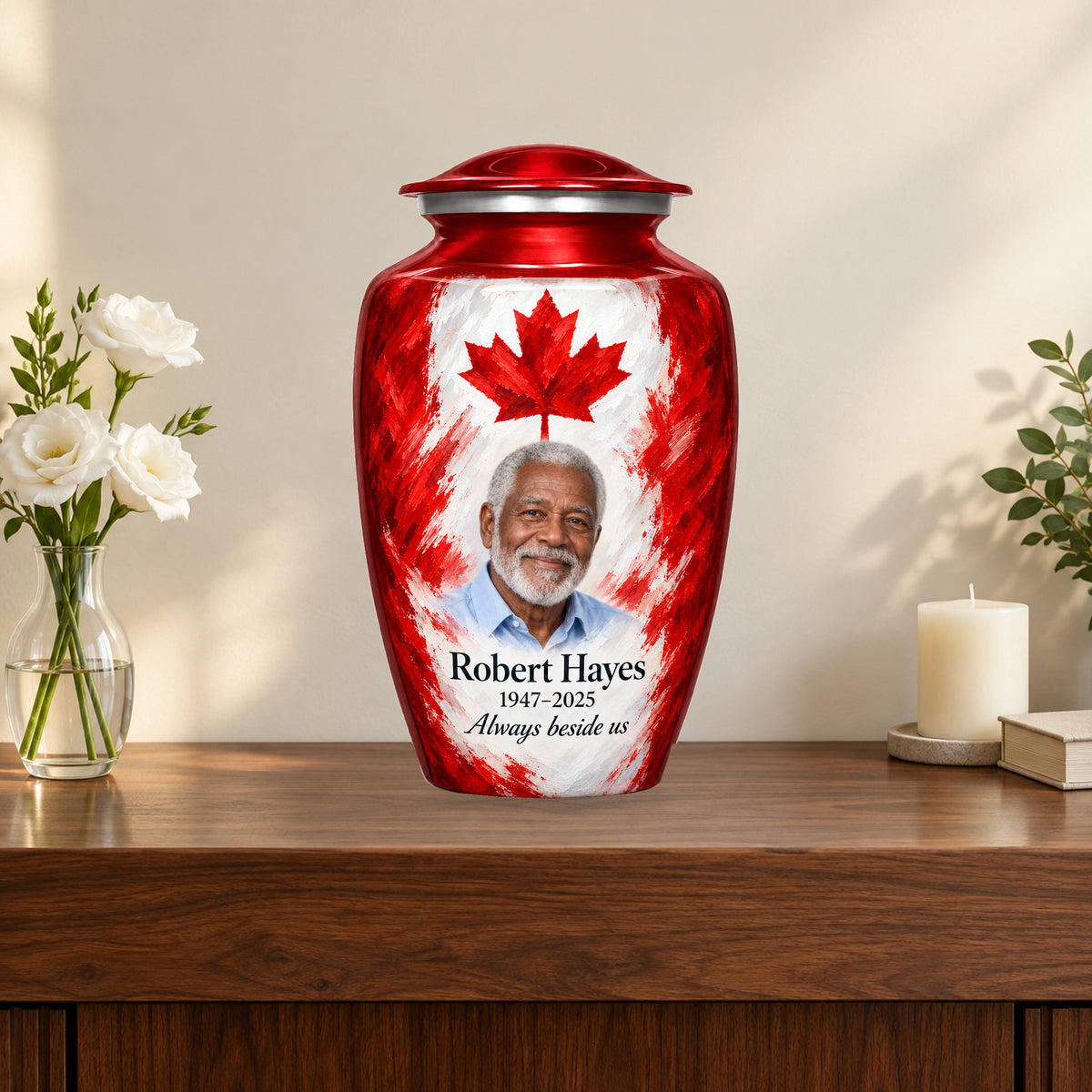 Red personalized Canadian flag adult urn on a memorial console.