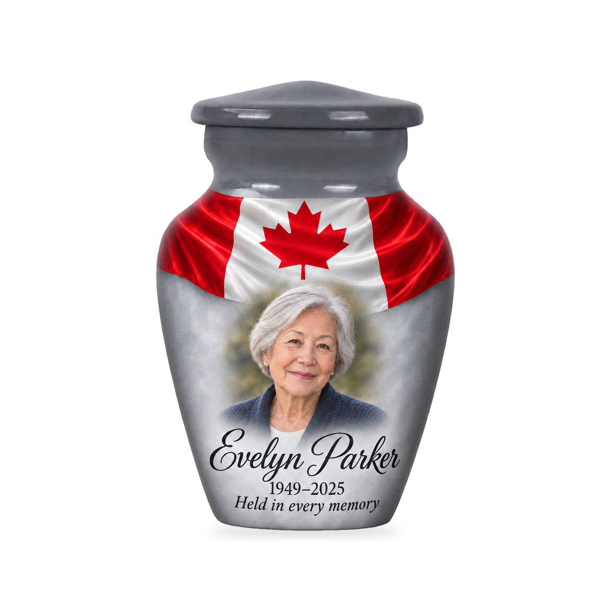One matching gray ringless 3-inch keepsake with Silver Flag Remembrance Canadian flag artwork, sample photo and text.