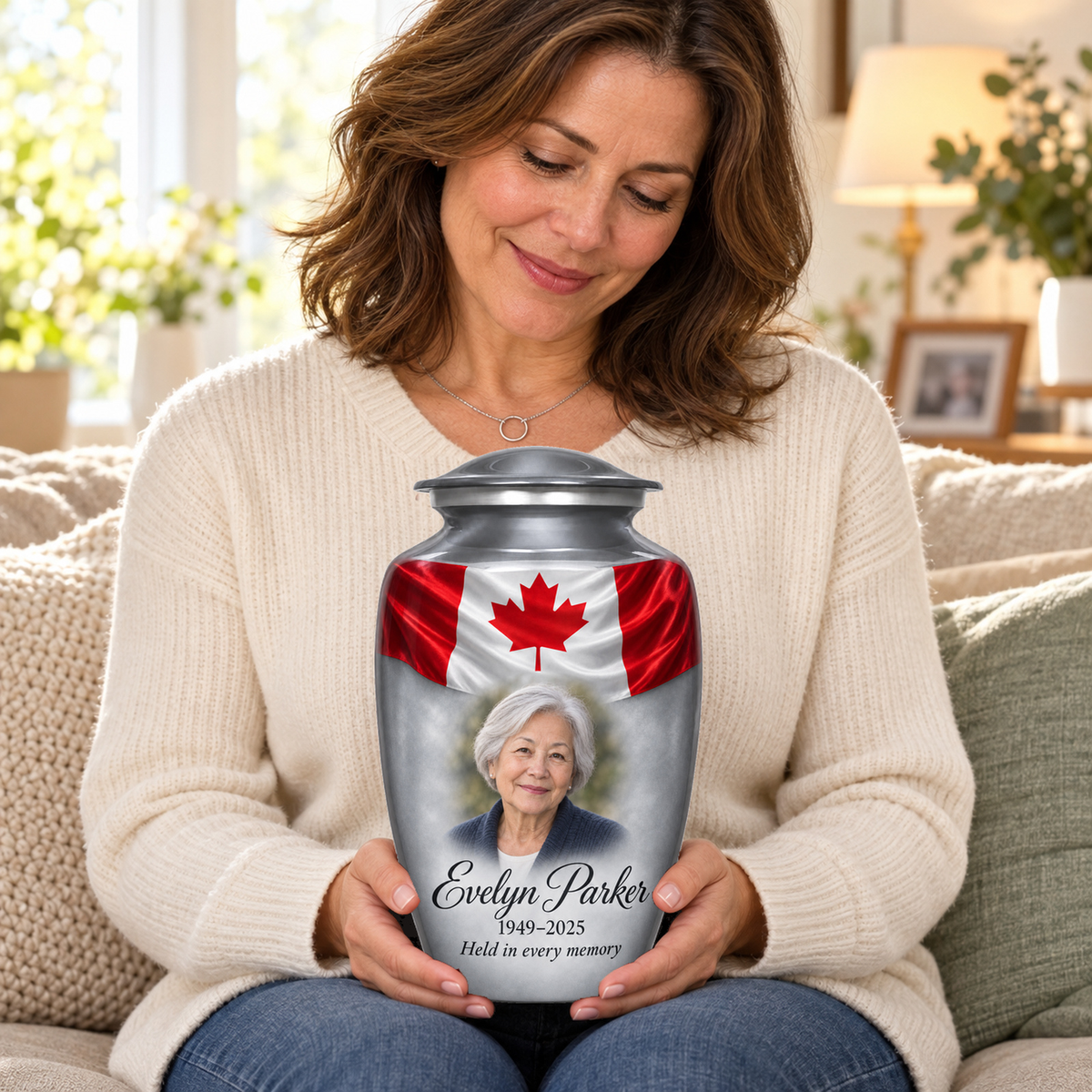 Seated person holding the gray adult Canadian flag urn on their lap.