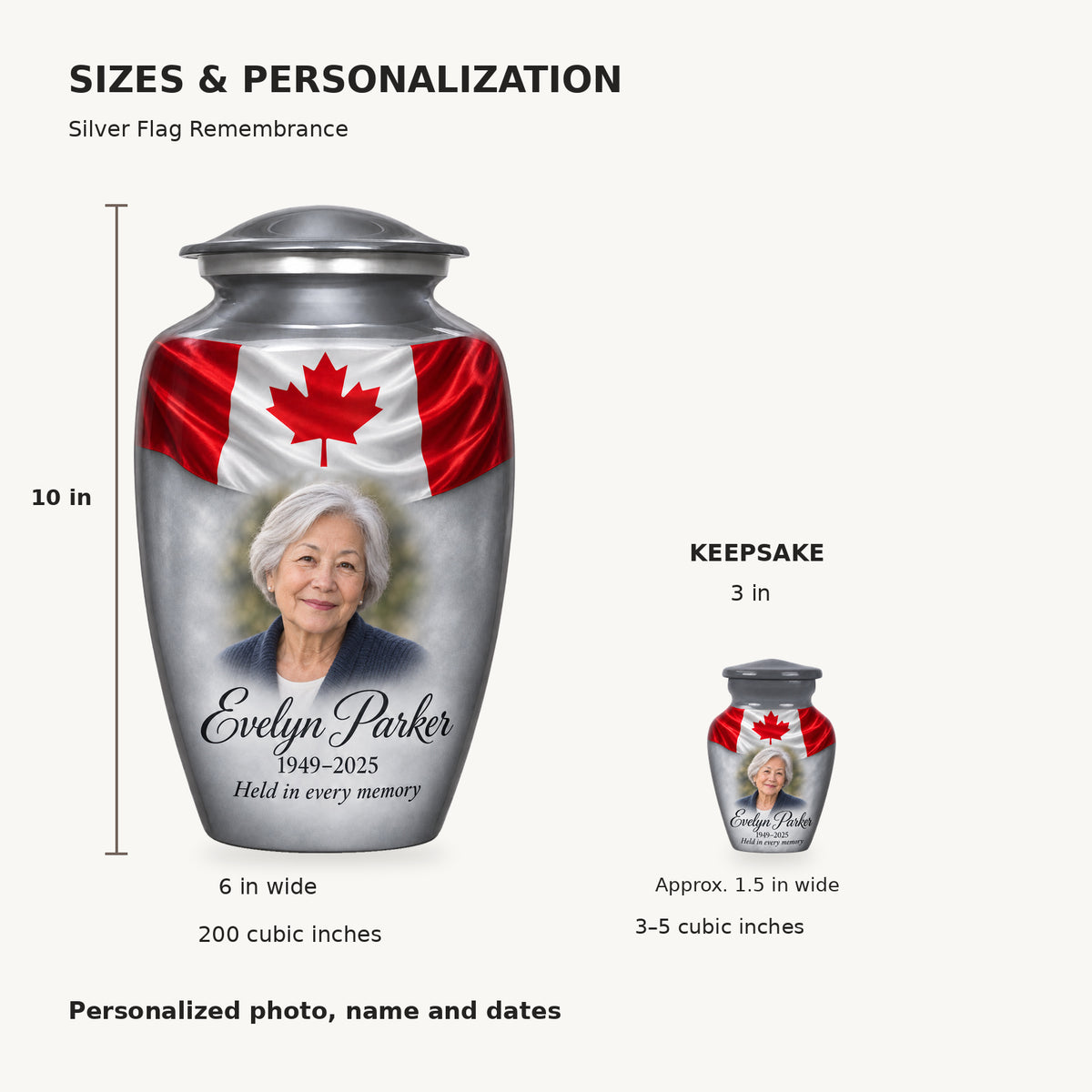 Size guide: adult 10 inches high, 6 inches wide, 200 cubic inches; keepsake 3 inches high, approximately 1.5 inches wide, 3–5 cubic inches.