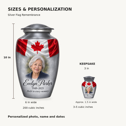Size guide: adult 10 inches high, 6 inches wide, 200 cubic inches; keepsake 3 inches high, approximately 1.5 inches wide, 3–5 cubic inches.