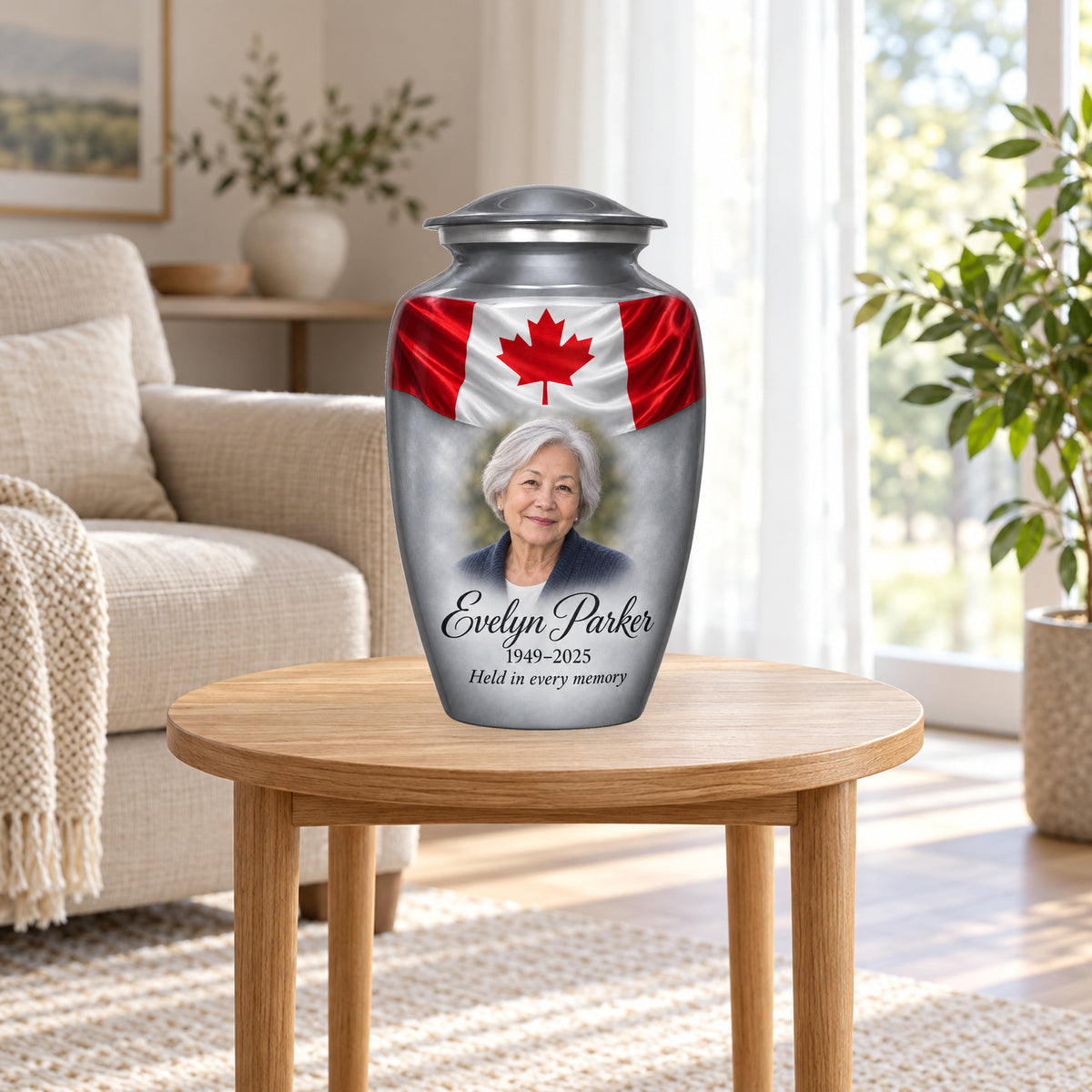 Gray personalized Canadian flag adult urn in a sunlit home.