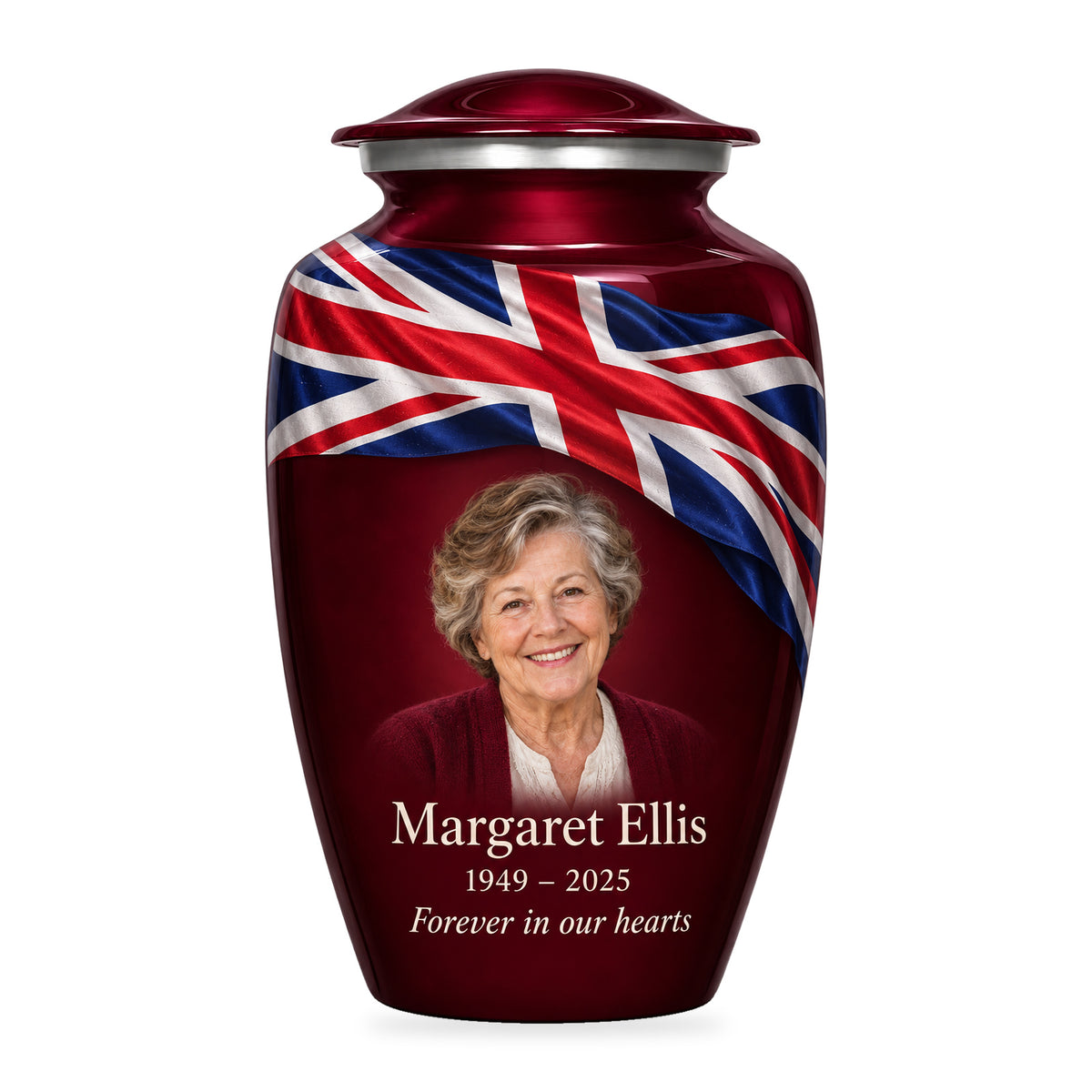 Burgundy Red adult Crimson Union Ribbon urn with diagonal Union Jack ribbon, a fictional sample portrait and inscription on white.