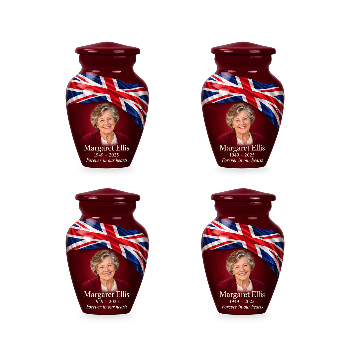 Four matching burgundy red ringless keepsake urns with diagonal Union Jack ribbon and fictional sample personalization.