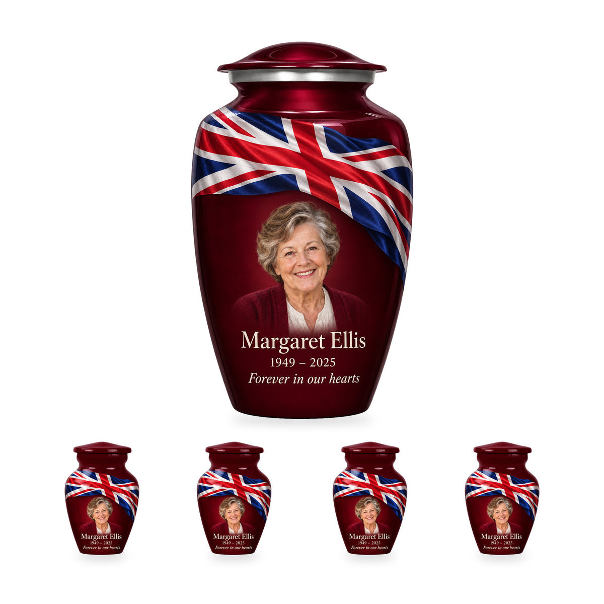 One burgundy red adult Union Jack urn with four matching ringless keepsakes, showing the 10-inch and 3-inch sizes together.