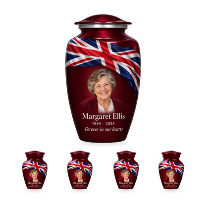 One burgundy red adult Union Jack urn with four matching ringless keepsakes, showing the 10-inch and 3-inch sizes together.