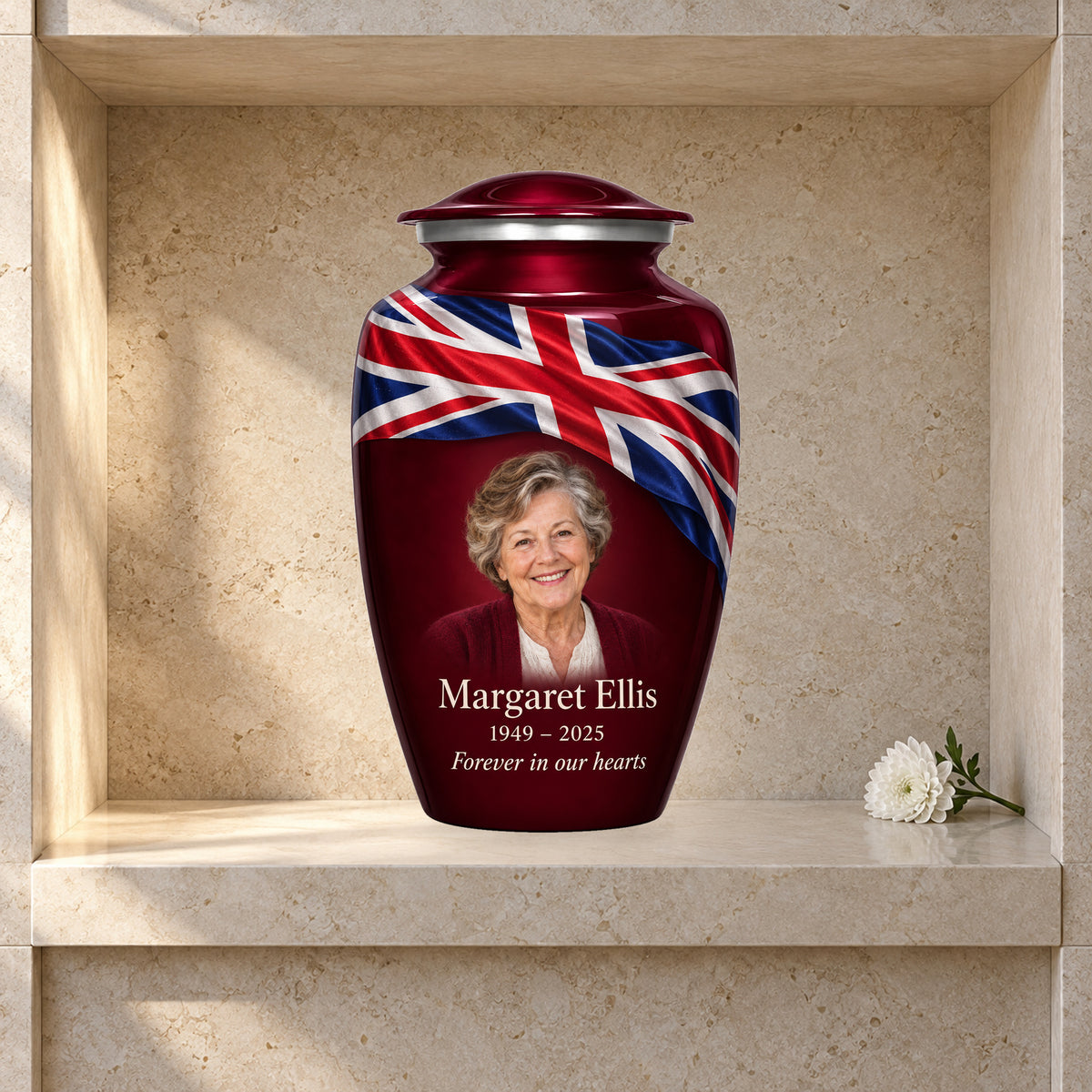 Burgundy Red adult Crimson Union Ribbon Union Jack urn displayed in a columbarium niche; decorative props are not included.