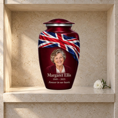 Burgundy Red adult Crimson Union Ribbon Union Jack urn displayed in a columbarium niche; decorative props are not included.