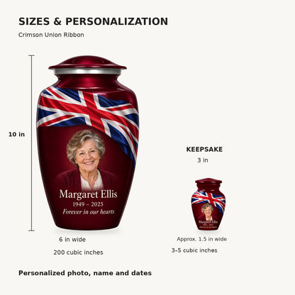 Size guide: adult 10 inches high, 6 inches wide, 200 cubic inches; keepsake 3 inches high, approximately 1.5 inches wide, 3–5 cubic inches.