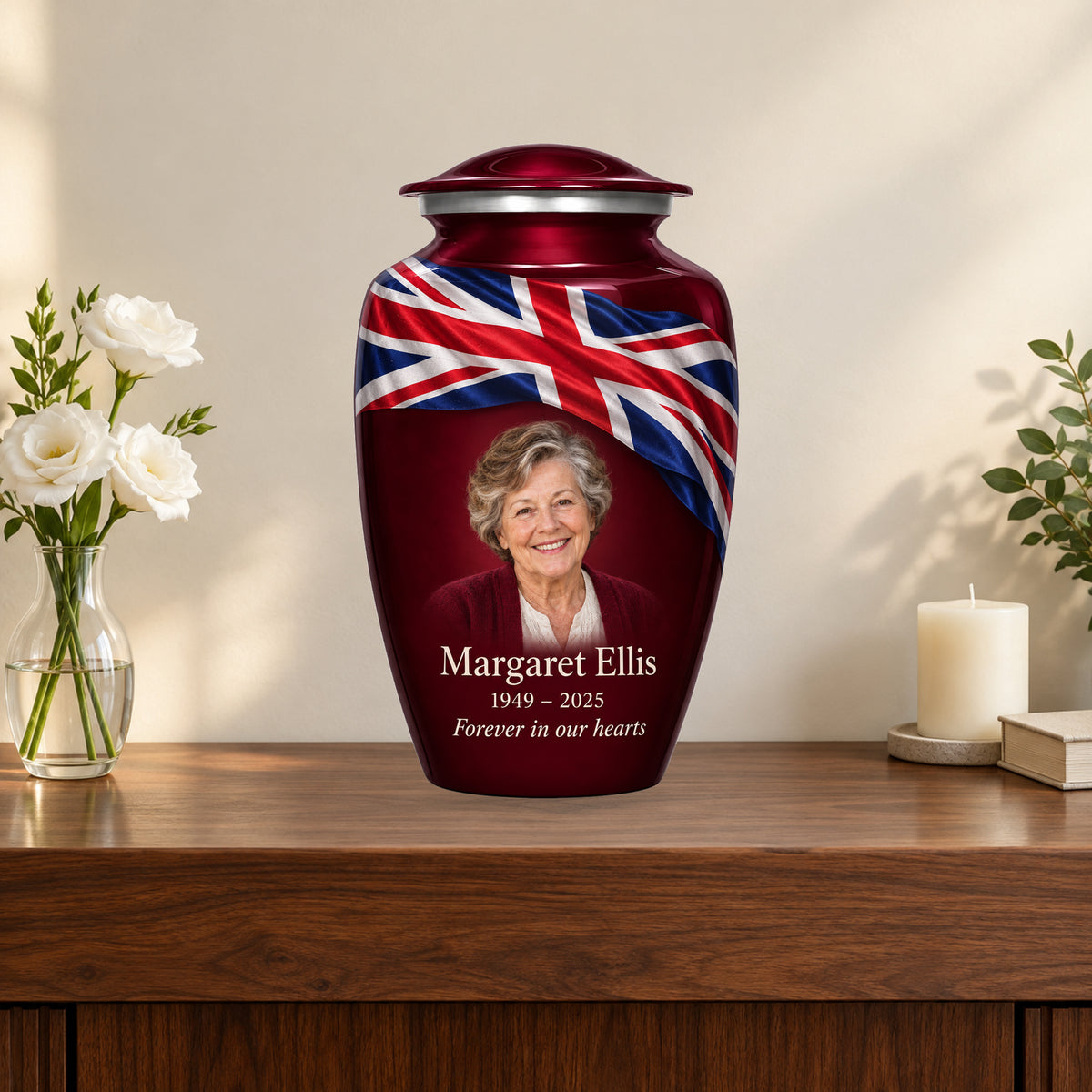 Burgundy Red personalized Crimson Union Ribbon Union Jack adult urn on a memorial console; decorative props are not included.
