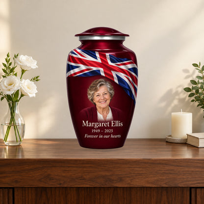 Burgundy Red personalized Crimson Union Ribbon Union Jack adult urn on a memorial console; decorative props are not included.