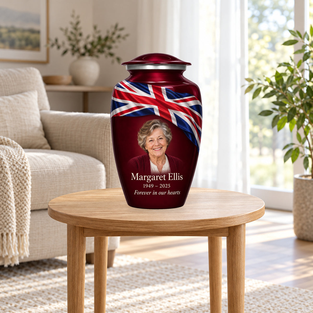 Burgundy Red personalized Crimson Union Ribbon Union Jack adult urn in a home display; decorative props are not included.