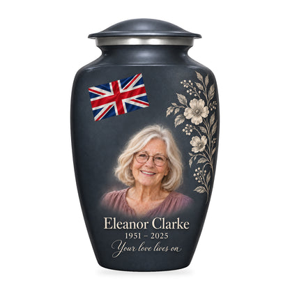 Slate Gray adult Slate Union Heritage urn with diagonally draped Union Jack and printed botanical linework, a fictional sample portrait and inscription on white.