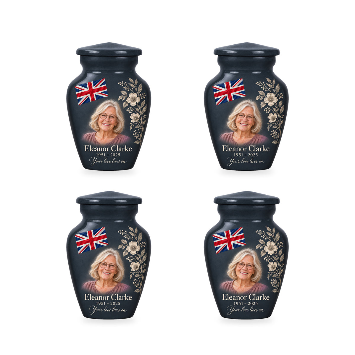 Four matching slate gray ringless keepsake urns with diagonally draped Union Jack and printed botanical linework and fictional sample personalization.