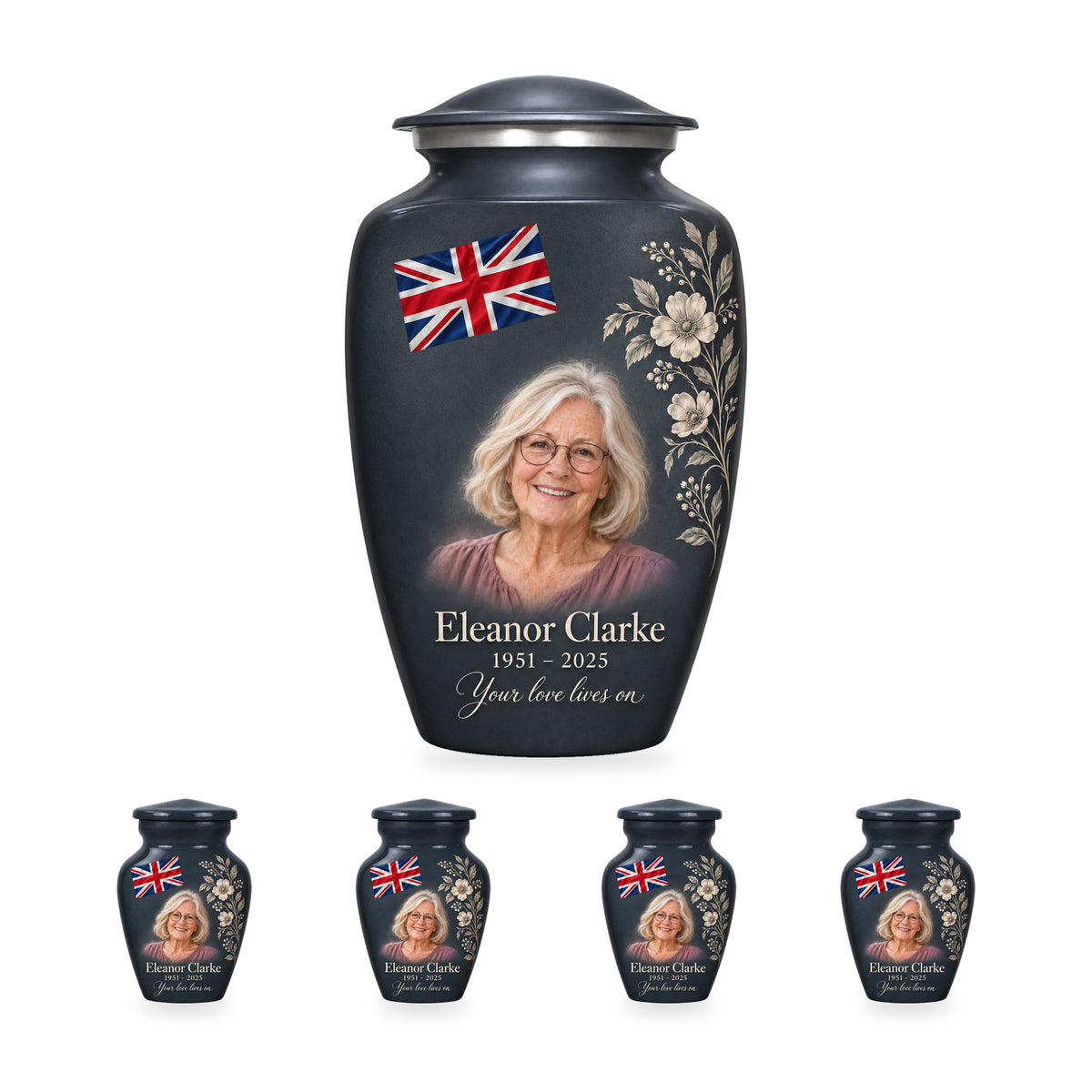 One slate gray adult Union Jack urn with four matching ringless keepsakes, showing the 10-inch and 3-inch sizes together.
