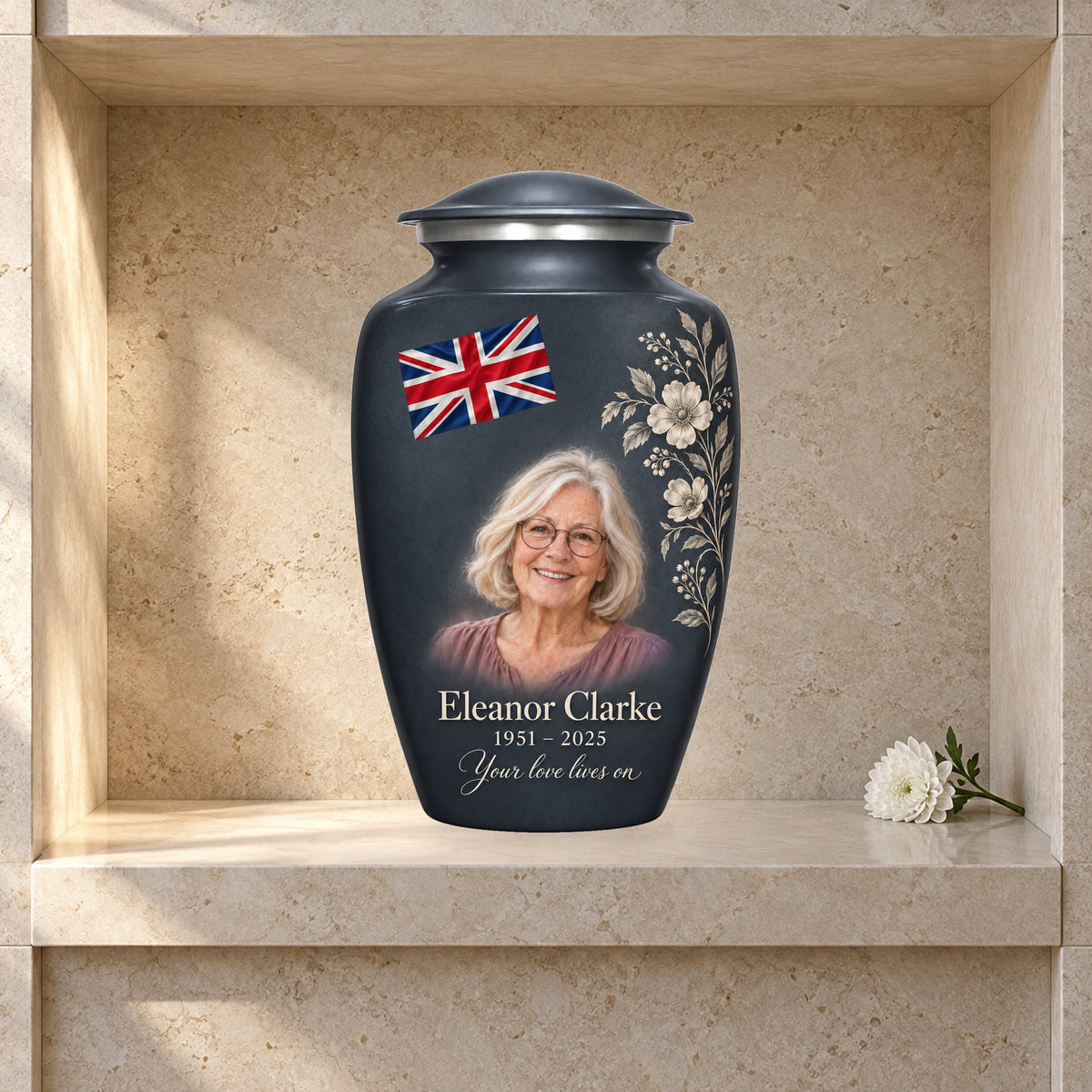 Slate Gray adult Slate Union Heritage Union Jack urn displayed in a columbarium niche; decorative props are not included.