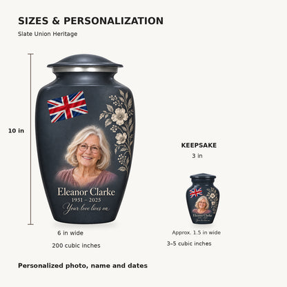 Size guide: adult 10 inches high, 6 inches wide, 200 cubic inches; keepsake 3 inches high, approximately 1.5 inches wide, 3–5 cubic inches.