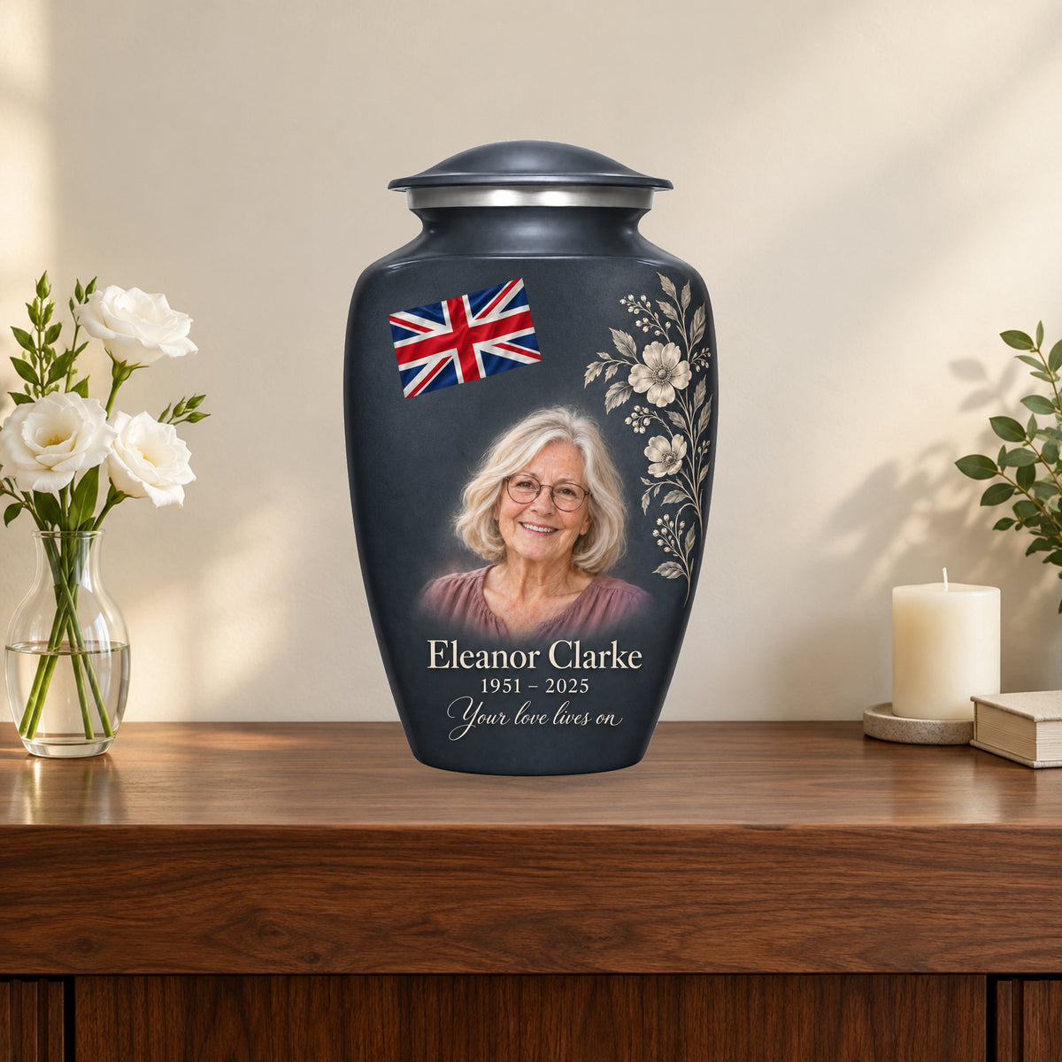 Slate Gray personalized Slate Union Heritage Union Jack adult urn on a memorial console; decorative props are not included.