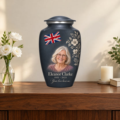 Slate Gray personalized Slate Union Heritage Union Jack adult urn on a memorial console; decorative props are not included.