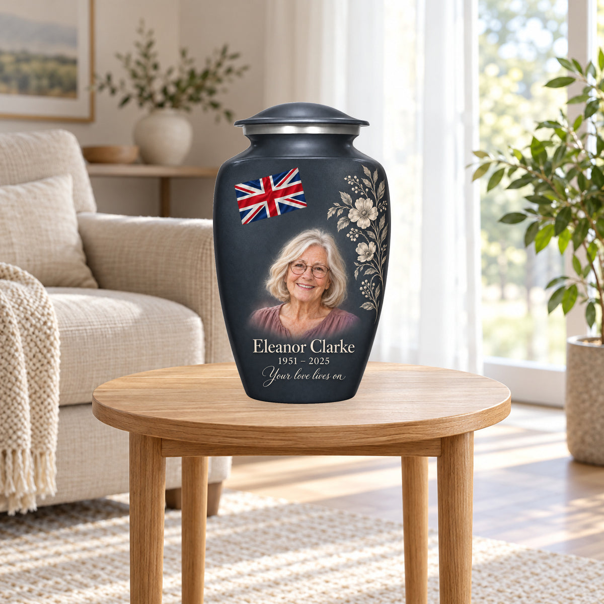 Slate Gray personalized Slate Union Heritage Union Jack adult urn in a home display; decorative props are not included.